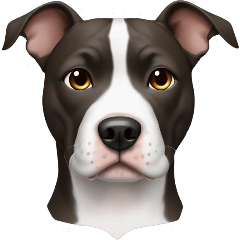 An amstaff pittbull with raised ears, all black, with brown eyes and white paws, and a white spot on his chest emoji