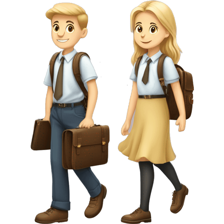 A boy and a girl, schoolchildren, go to school with briefcases and flowers on September 1, cartoon style, clipart emoji