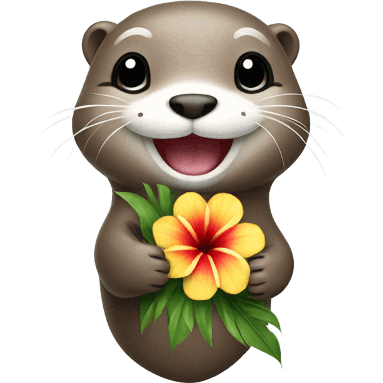 A happy and cute otter face holding a Hawaiian flower emoji