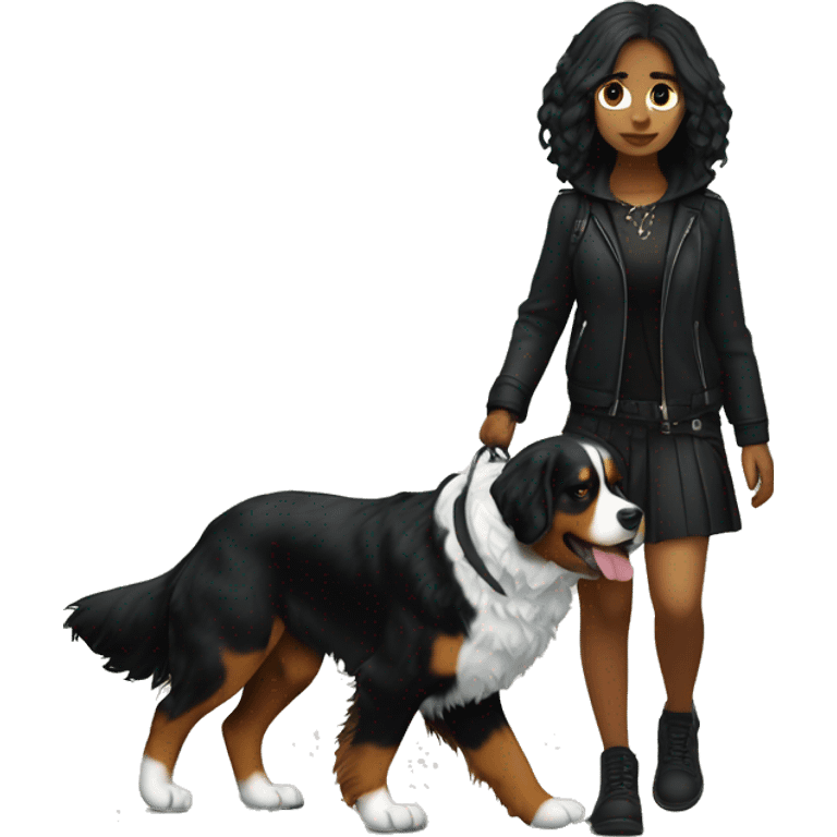 Gothic girl walking a bernese mountain dog  emoji