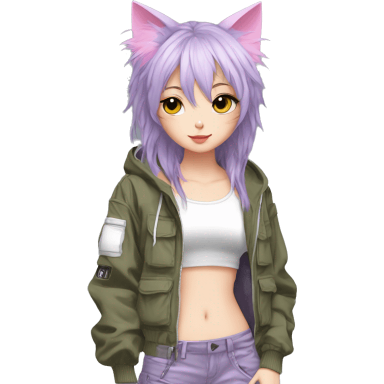 Edgy cool shy beautiful pretty anime punk tomboy with cat ears techwear cargo pants hoodie emoji