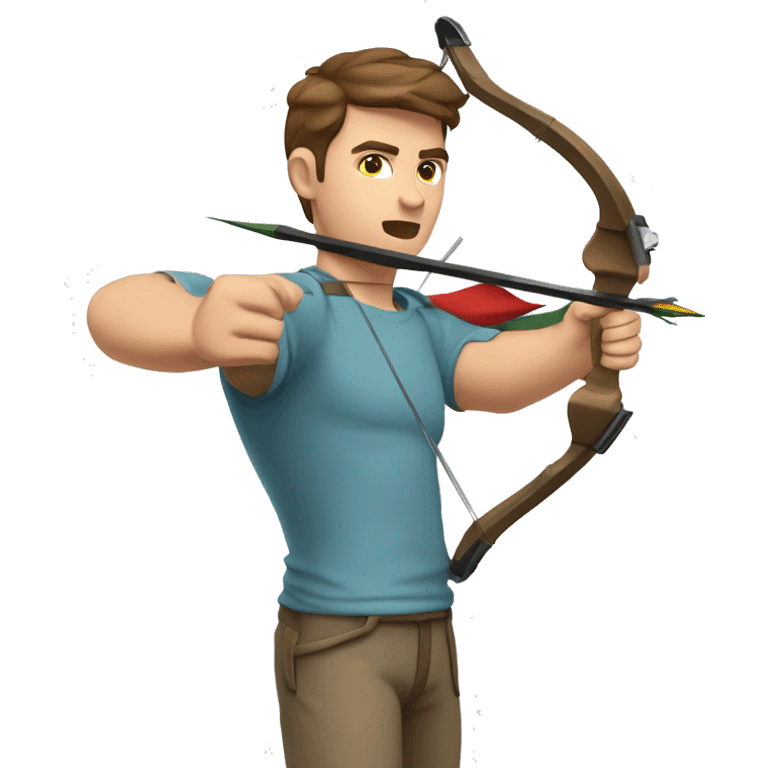 a male archer aiming with a bow looking at his target, wearing a tshirt, brown hair, bright skin, emoji