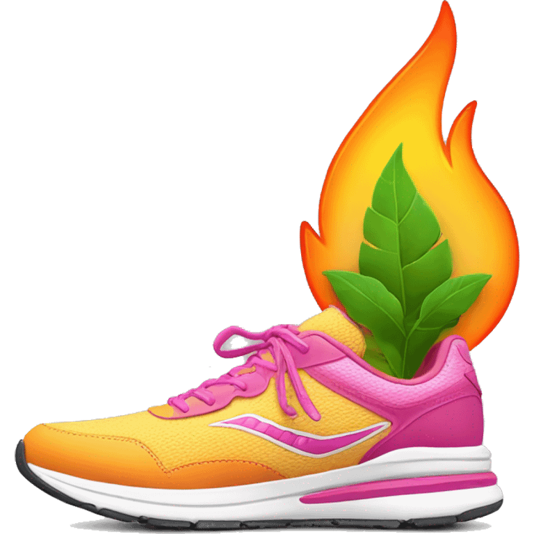 running shoe with pink laces that transform into plant leaves at the tips also behind the running shoe there are orange yellow flames as if the shoe is running with fire behind it emoji