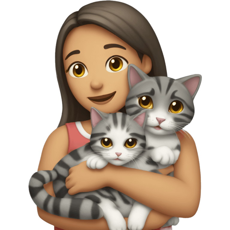 girl hugging two cats one white with a striped grey tail and another torti cat  emoji