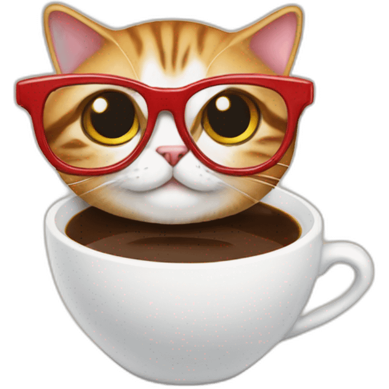 un chat à lunettes rouges qui boit un café emoji