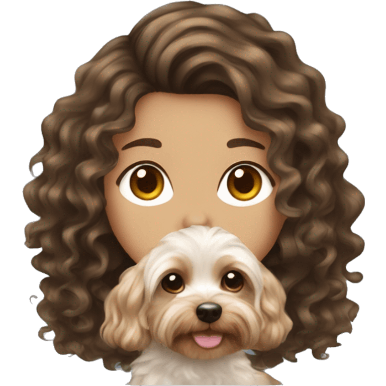 curly medium length brunette hair, white women holding a cute yorkie dog emoji