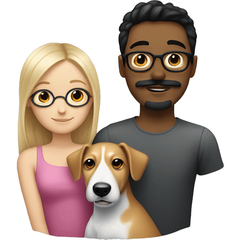  blonde girl without glasses and a white boy with black hair, glasses, a little Beard and moustache, both cuddling a jack Russell emoji