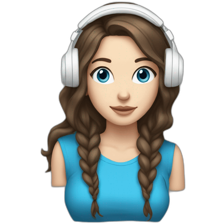 brunette white girl with long hair blue eyes listening to music with her phone in her hand with white wired headphones  emoji