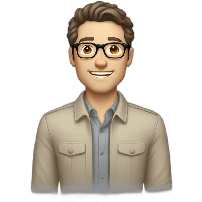 Joyful Pale skinned Fit Man With dark brown hair in gray jacket, beige office shirt, Brown pants and vintage glasses. His thrumbs up emoji