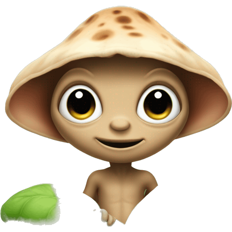 Young e.t. like alien stands under leaf or mushroom  emoji