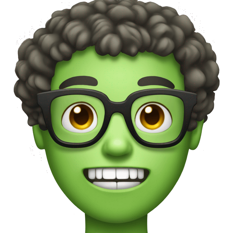 Make an Apple emoji, of a green zombie, boy, with curly hair with a black American haircut, prescription glasses with a thin rectangular frame emoji