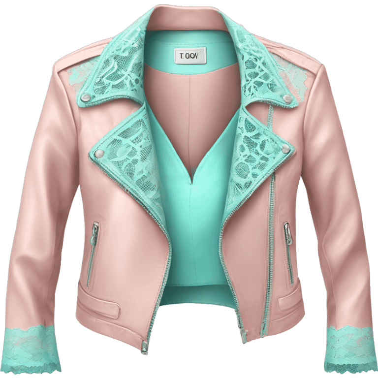 Realistic isolated open pastel pink feminine fashion leather jacket with tiffany blue lace. emoji