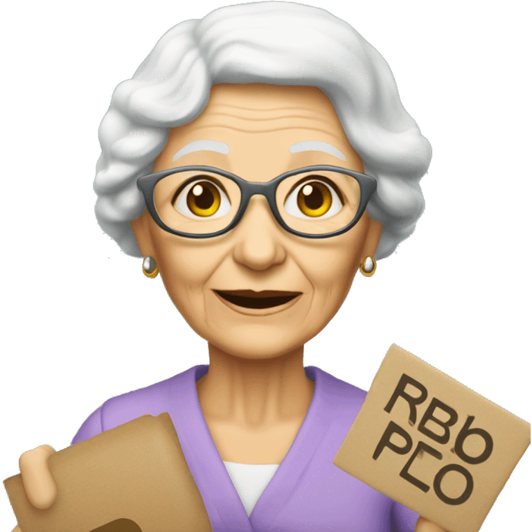 elderly woman holding a sign that says: PARABENS PELO BELO RP emoji