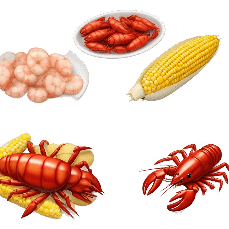 Realistic full image platter of crawfish, corn on the cob,small potato and boiled shrimp  emoji