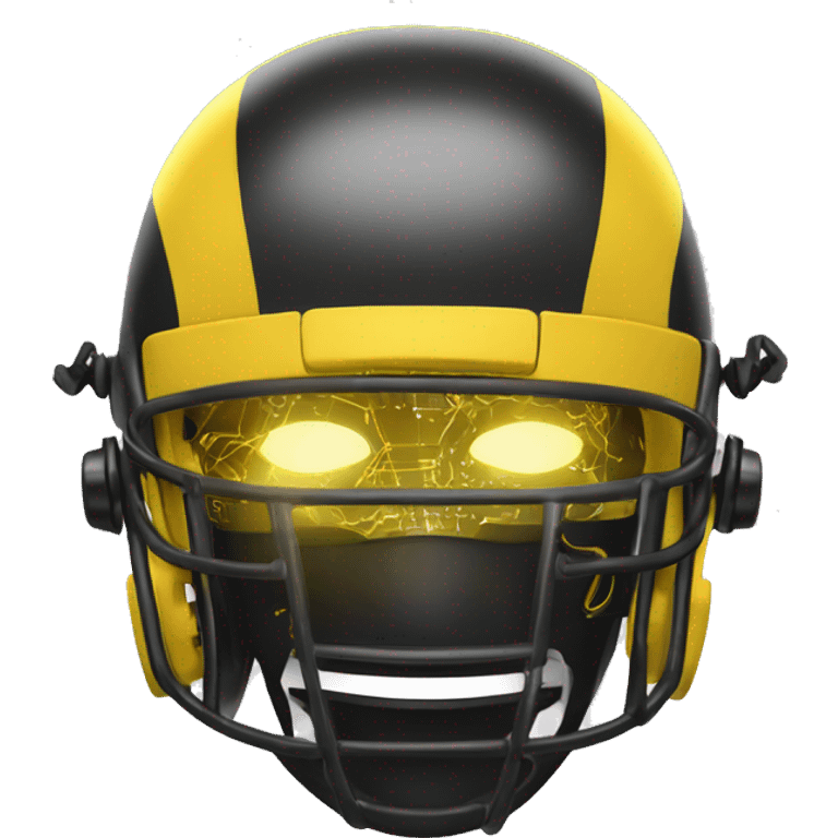 Black and yellow cyborg head with football helmet, face mask and circuits emoji