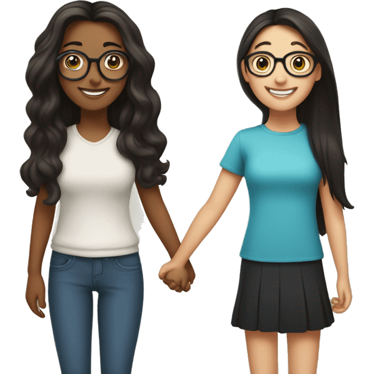 An emoji of a brunette girl with long hair, joyfully holding hands with a black-haired girl wearing glasses, both smiling and expressing happiness emoji