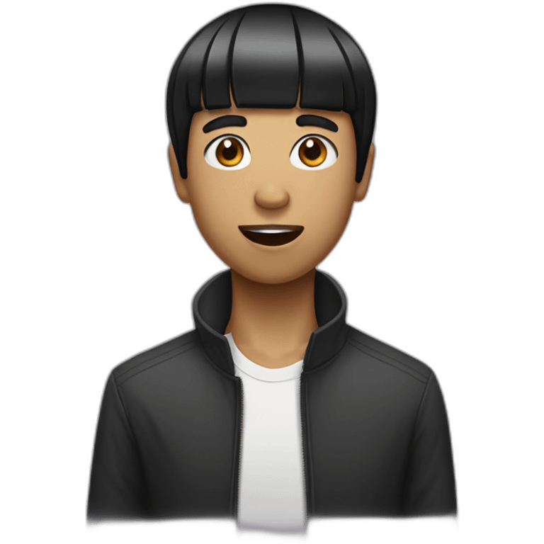 Guy black hair with a bowl cut and his tongue out emoji