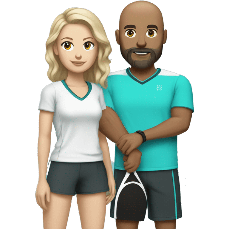 White couple, 35 yro, in pickleball clothes. Male bald= aqua eyes, beard, white, bald, and aqua eyes. Female = long light brown hair, aqua eyes.  emoji