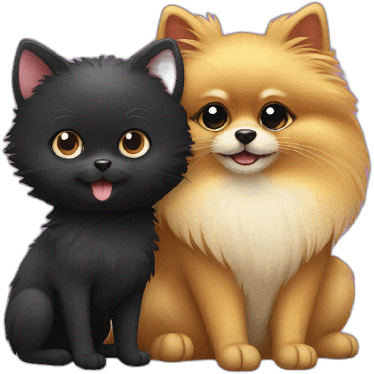 pomeranian, black cat and mouse hug emoji