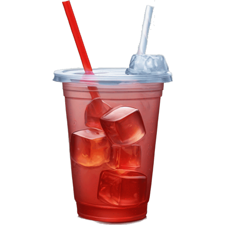 Realistic plastic cup and lid with Transluscent red soda and large ice cubes inside and one straw through the top of the lid. emoji