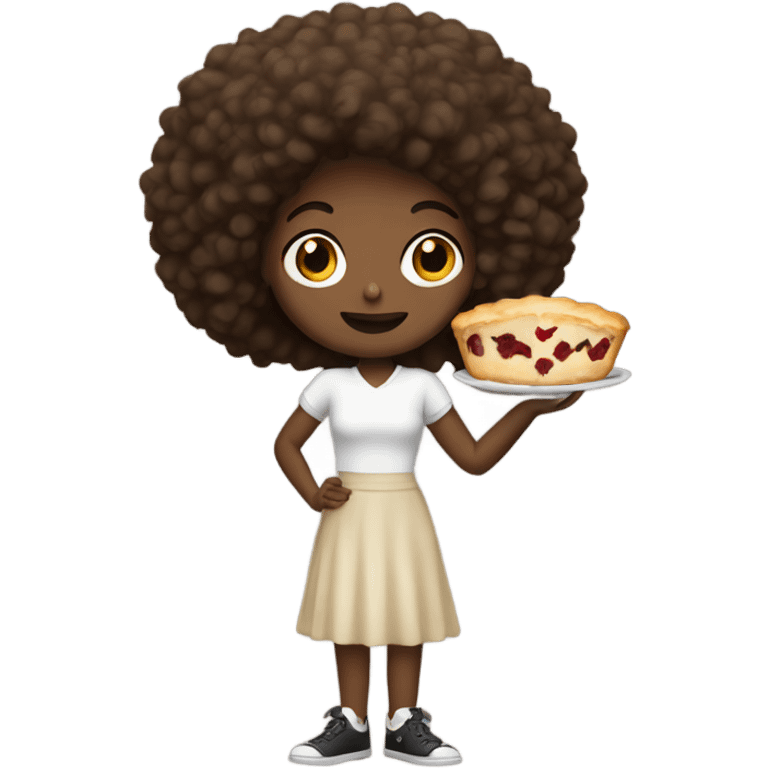 White girl with Afro holding pie emoji