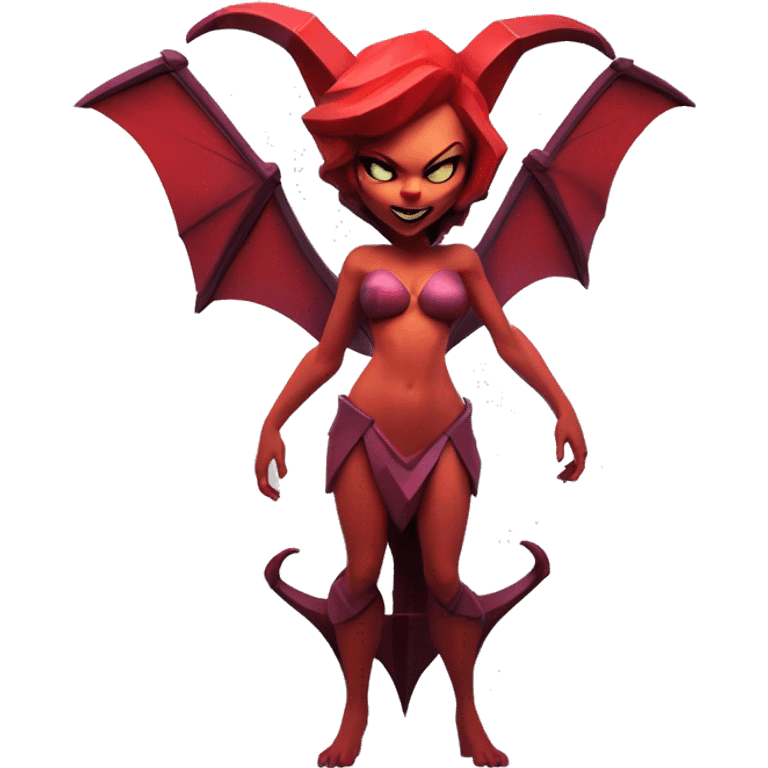 A succubus sculpture with a geometric, faceted design. The red haired succubus is standing upright with angular and disney features. The vibrant red color highlights the sharp edges and planes. emoji