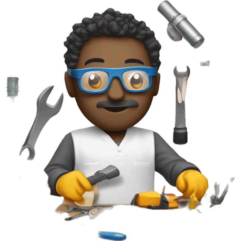 A creative inventor in a cluttered workshop, wearing safety goggles, surrounded by tools and gadgets, working on a new invention emoji