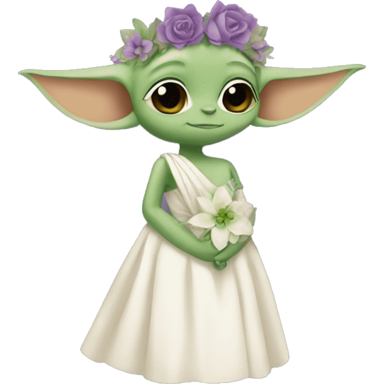 baby yoda in a wedding dress with a green and purple floral crown emoji