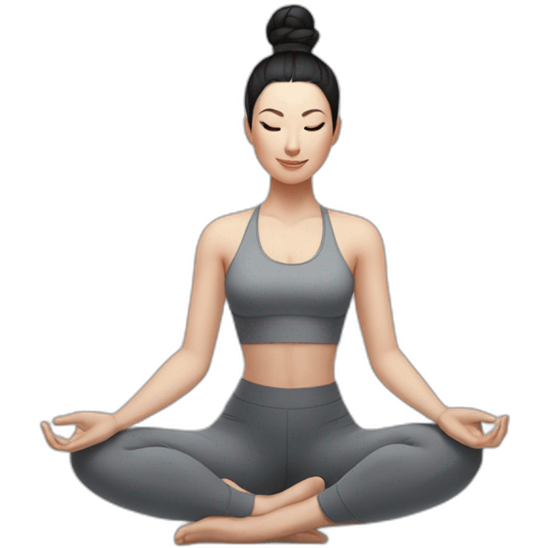 Pale skinned fit woman In a gray tight yoga suit and wristbands With black hair in a bun sits in the lotus position emoji