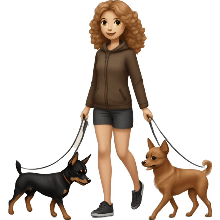 A light brown haired girl, walking one mini black and tan miniature Pinscher and one very big fluffy light brown Spitz on the lead emoji