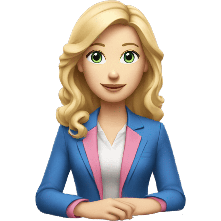 Woman with pale skin, blond hair, blue eyes and a “pink blazer” work outfit sitting at table with Apple laptop emoji