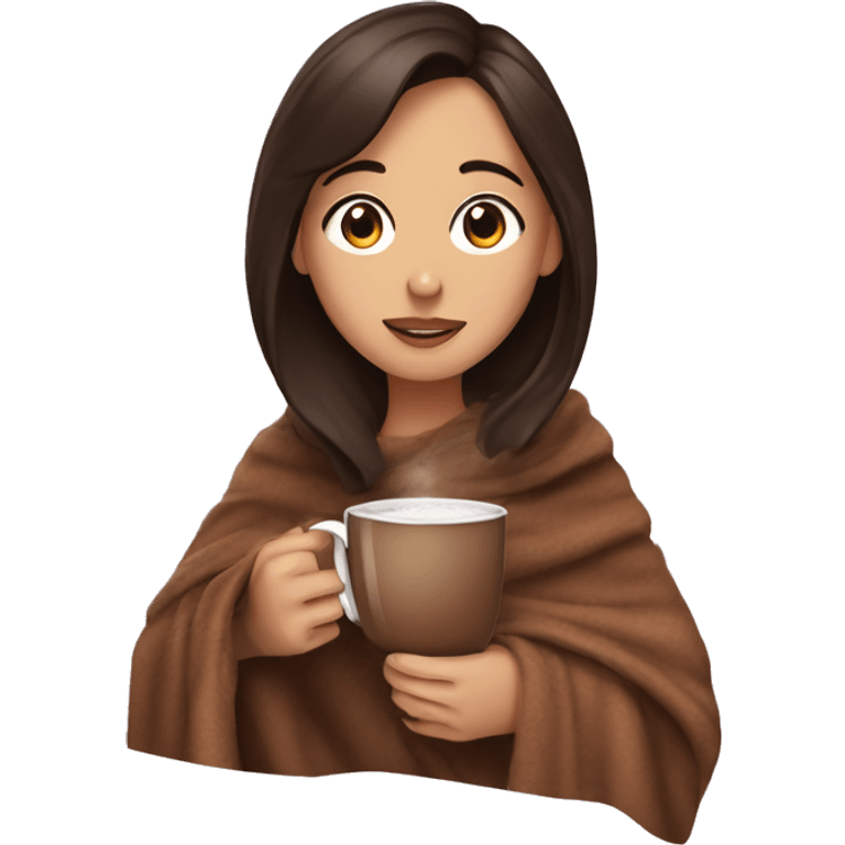 A brunette girl being cozy with a blanket and a cup of hot chocoate emoji