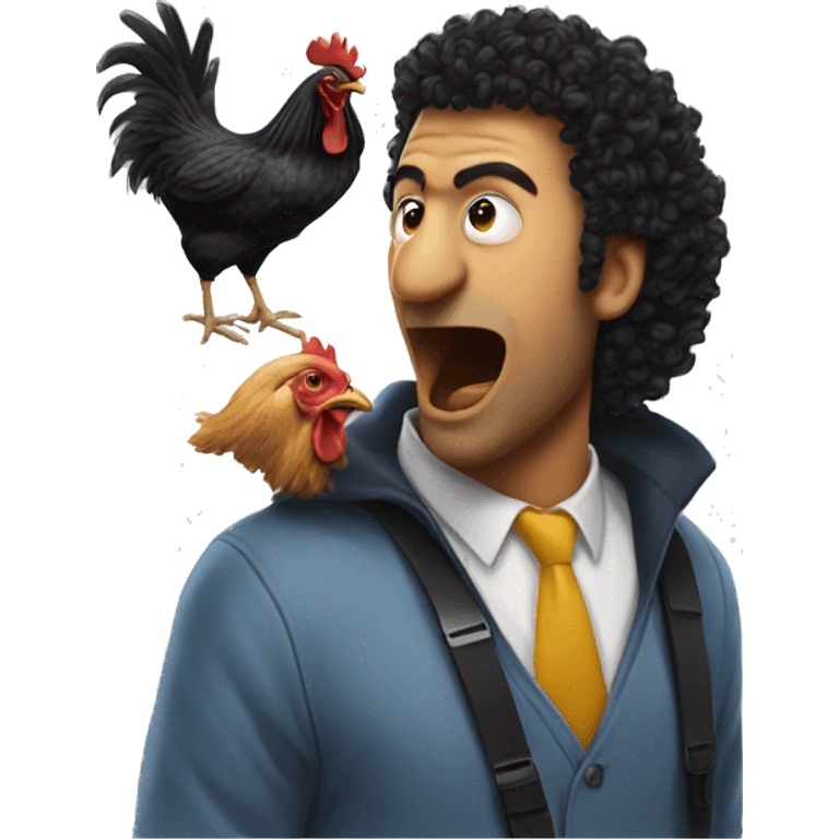 A chicken attacking a man with black curly hair emoji