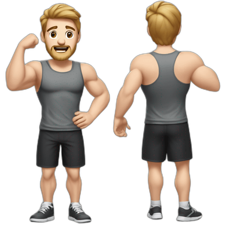 Close up Actively gesturing  with hands Pale skinned Fit Man With the biceps and brown hair in dark gray Sleeveless Mike, black oversize sports shorts, watch and white Sneakers emoji