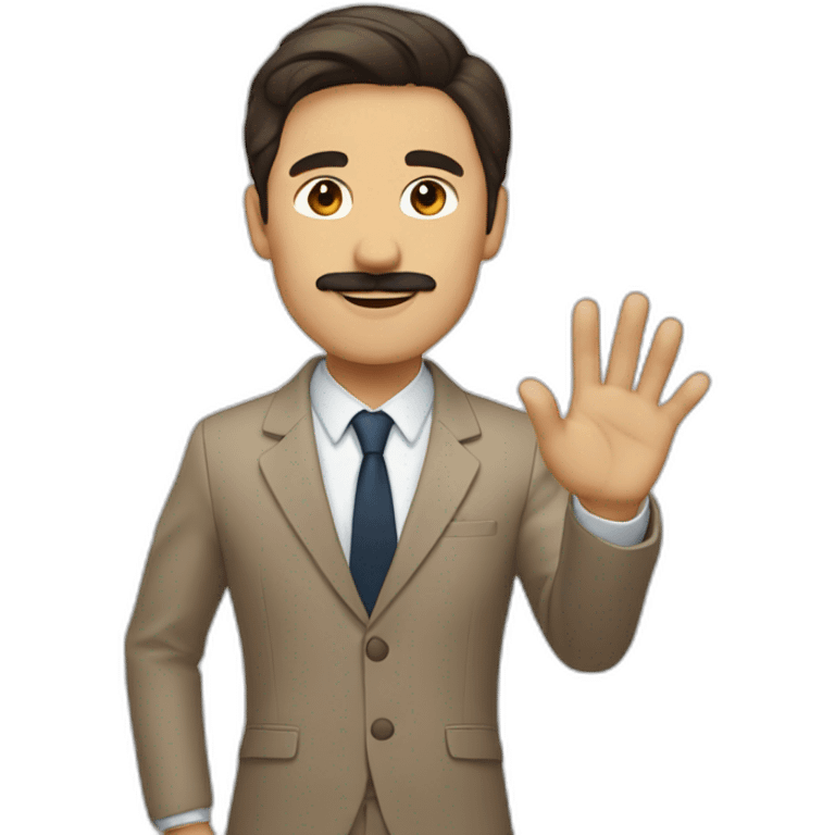 Man with light brown suit, dark hair and small mustache. He is waving emoji