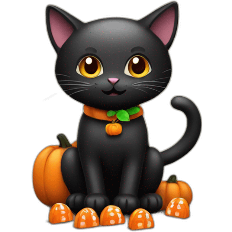 black halloween cat with a pumpkin full of candies emoji