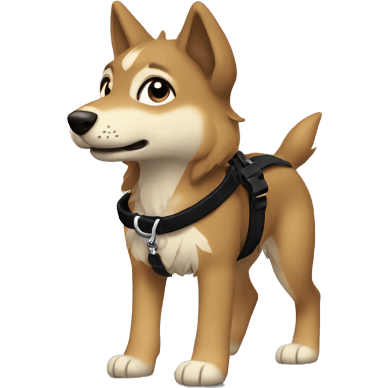 4 short legs a light brown puppy-like wolf with black hair on its ears with black leash  is walking emoji