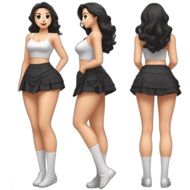 full-body-caucasian-curvy-beauty-кланяется-short-black-skirt-back-and-front-views-strong-wind-knickers-long-white-socks emoji