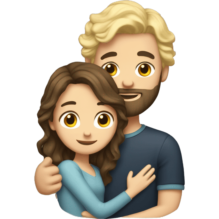 Brunette girl with wavy hair hugging blond boy lovingly couple he has a blond beard emoji