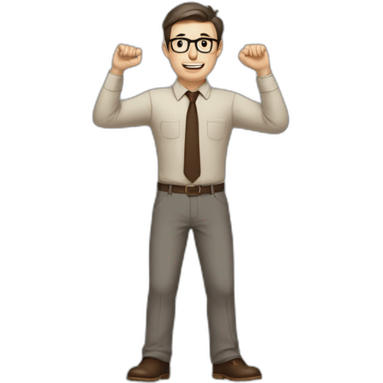 To belt Actively gesturing with hands Pale skinned fit man with dark brown hair in gray jacket, beige office shirt, brown tie, brown pants and vintage glasses. emoji