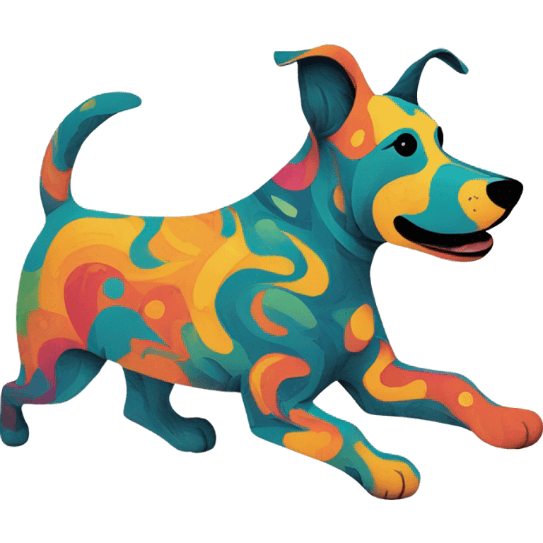 Abstract quirky funky made of different shapes dog running and squiggles linocut multicoloured illustrations  emoji