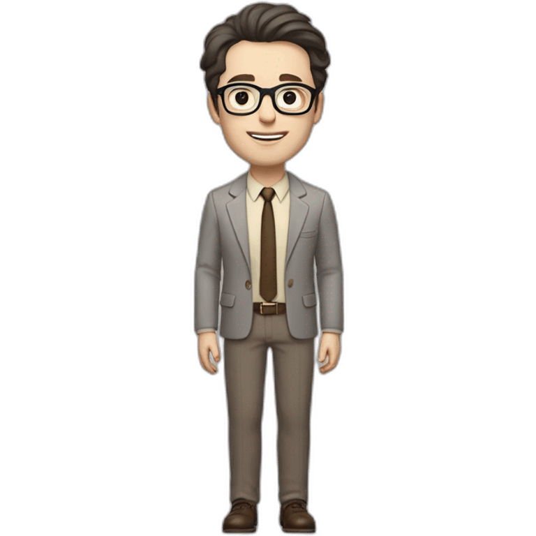 Full height Pale skinned Fit Man With dark brown hair in gray jacket, beige office shirt, tie, Brown pants and vintage glasses. Thrumbs of his palms directed up emoji