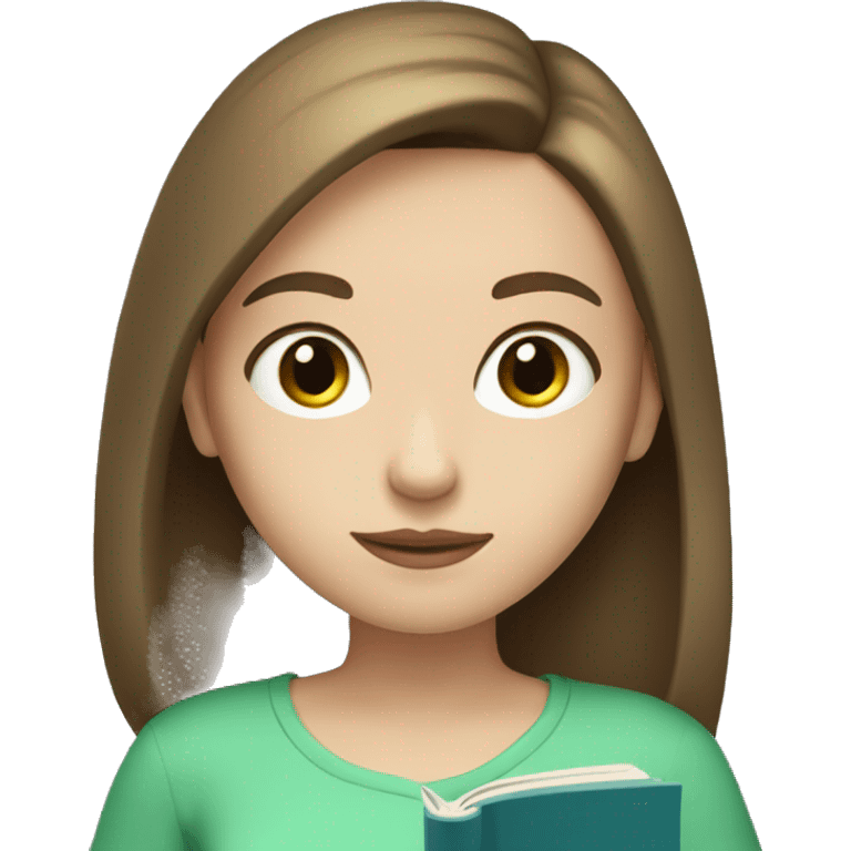 Girl with straight chin length brown hair and pale skin tone and blue green eyes reading a book  emoji