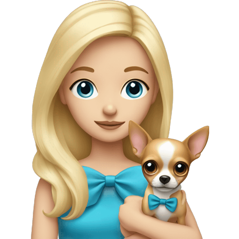 blonde girl with blue eyes wearing a bow holding her Chihuahua  emoji