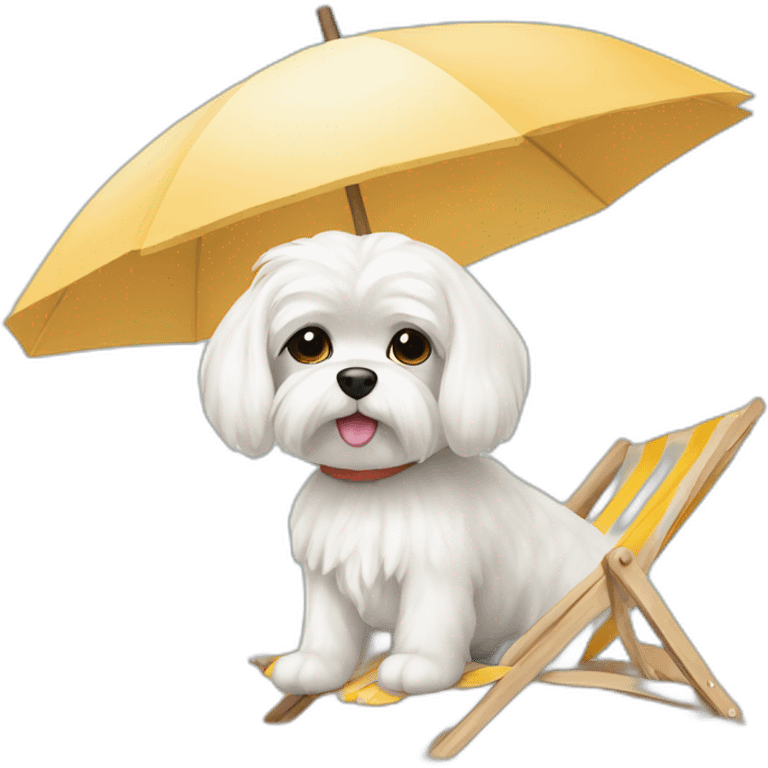 Maltese dog on a beach sunbathing under umbrella emoji