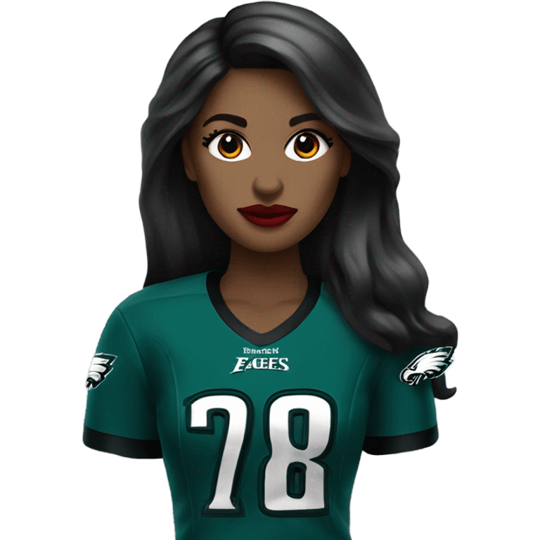 White female long dark hair red lips wearing Philadelphia Eagles jersey emoji