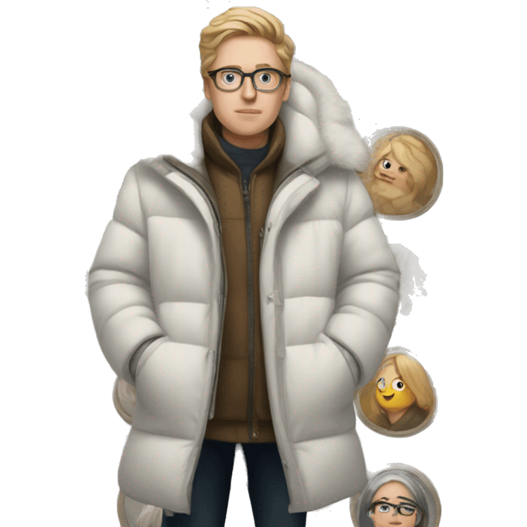 White person wearing a big winter coat surrounded by artworks emoji