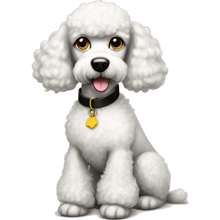 white poodle with black splotches and brown eyes, yellow collar emoji