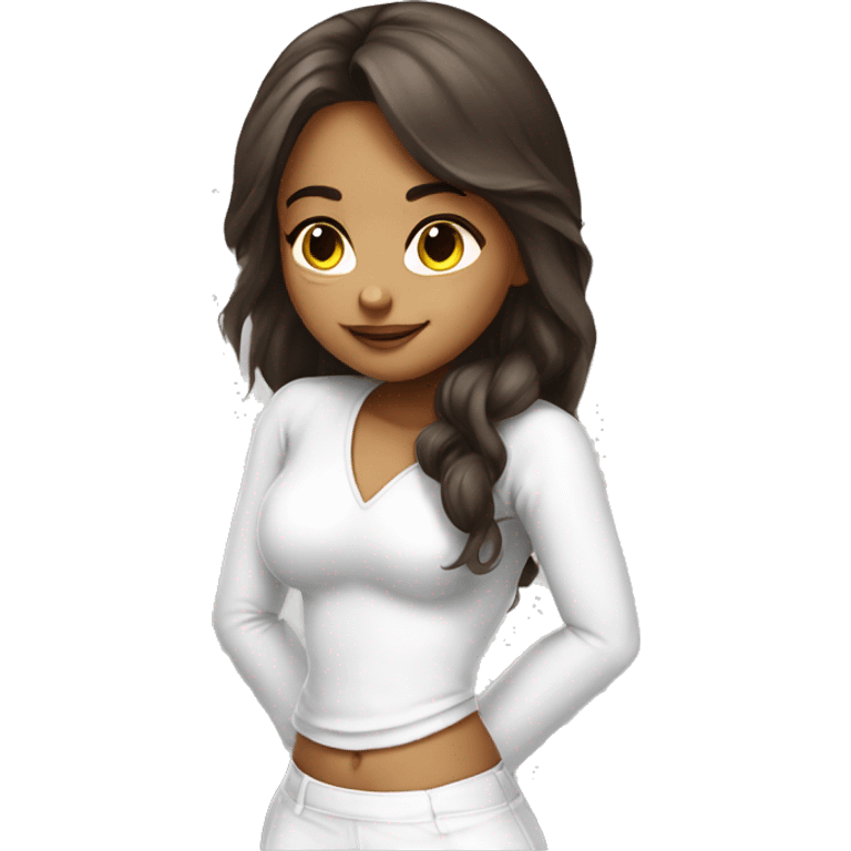 angelic brunette hair girl doing push up in white outfit  emoji