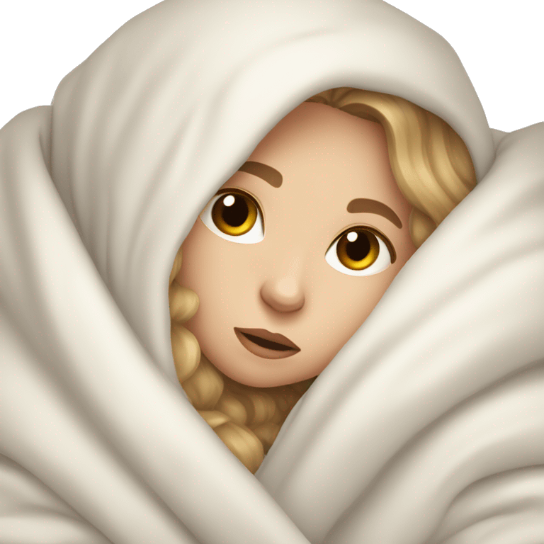 Pale Girl with light brown hair  laying down cozy in a white blanket emoji